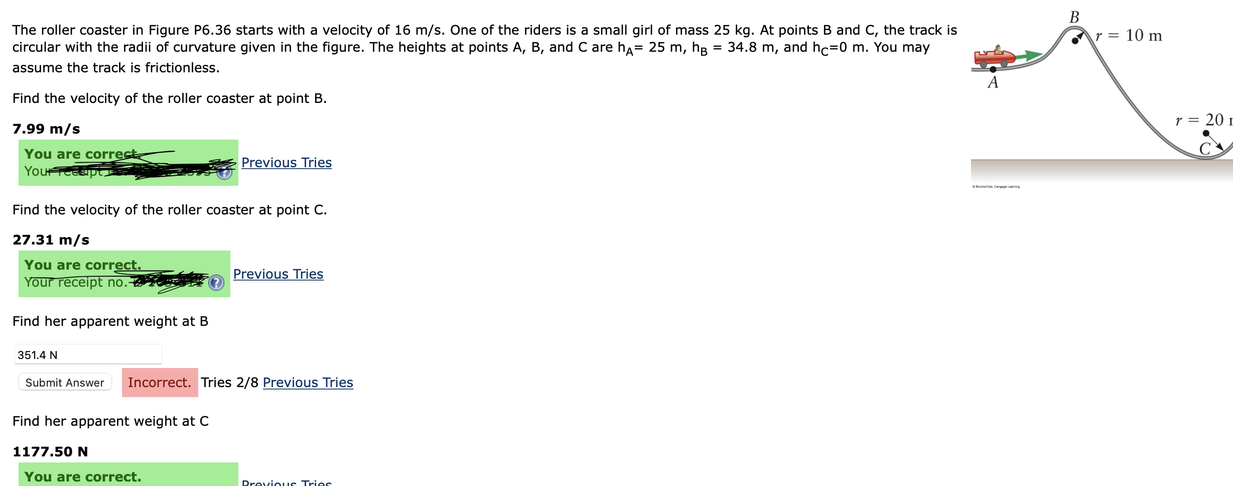 Please solve for "Find her apparent weight at B "