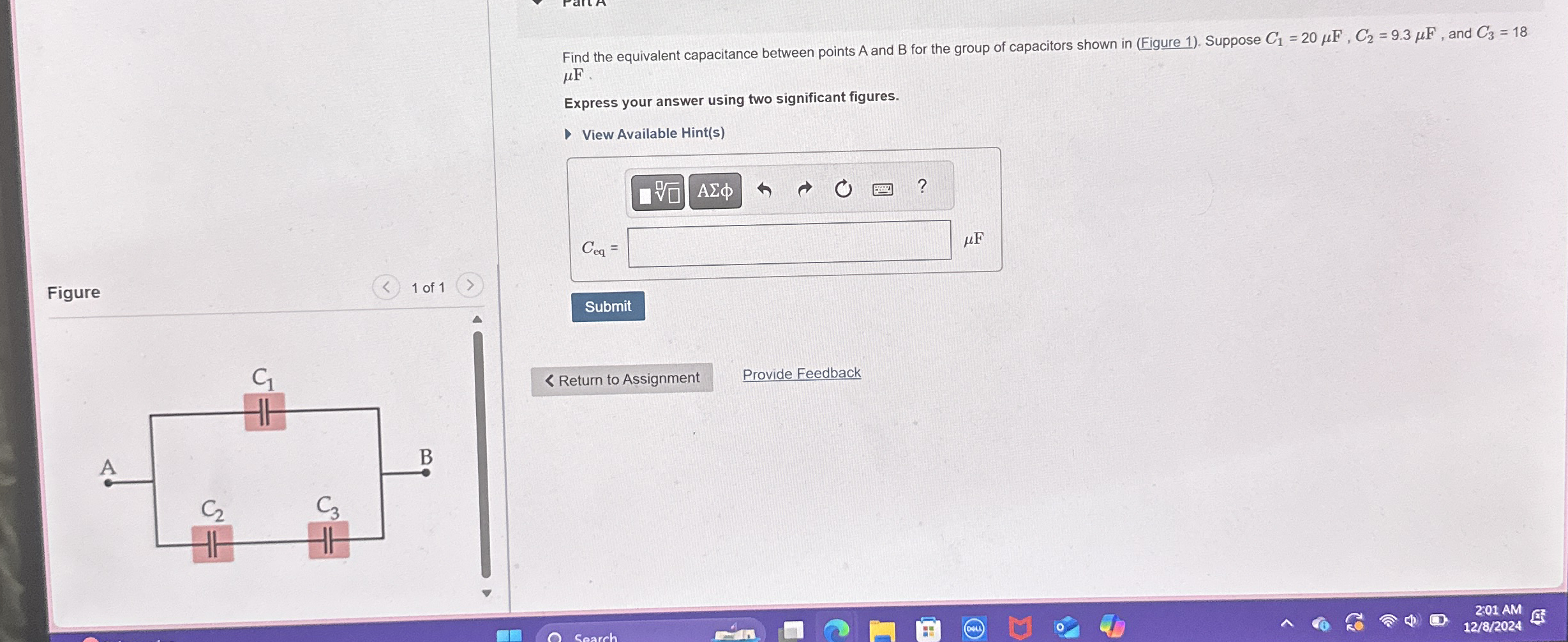 Find the equivalent capacitance between points A
