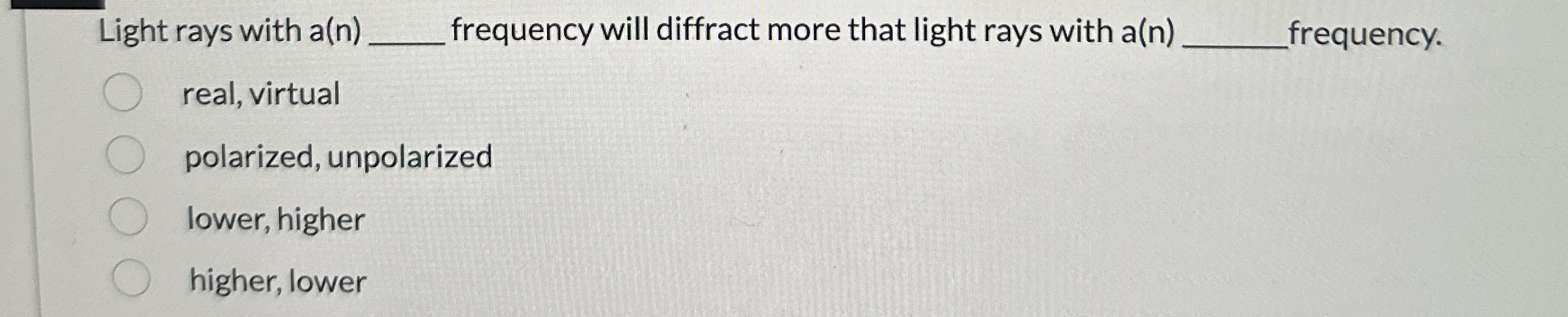 Light rays with a ( n ) frequency will diffract