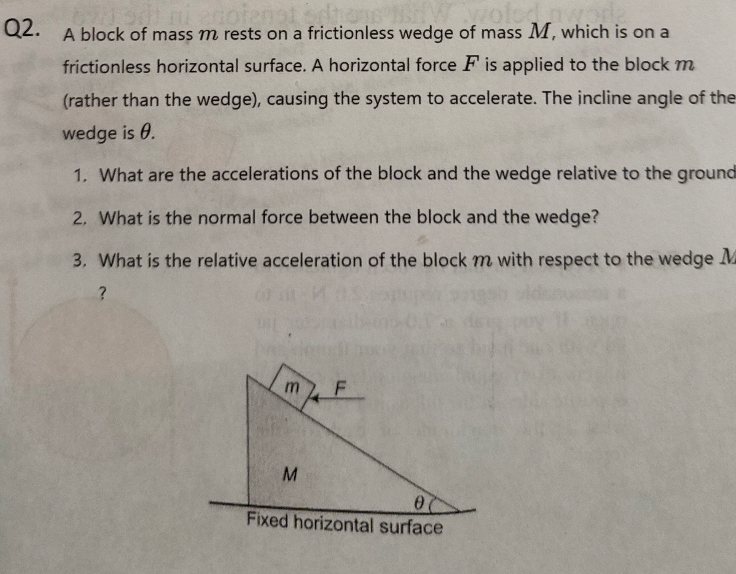Q 2 . A block of mass m rests on a frictionless