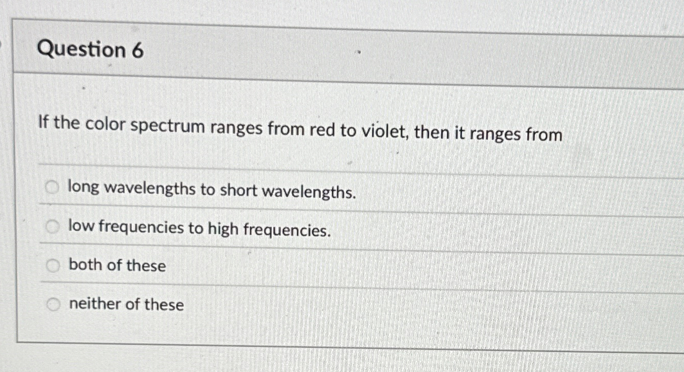Question 6 If the color spectrum ranges from red