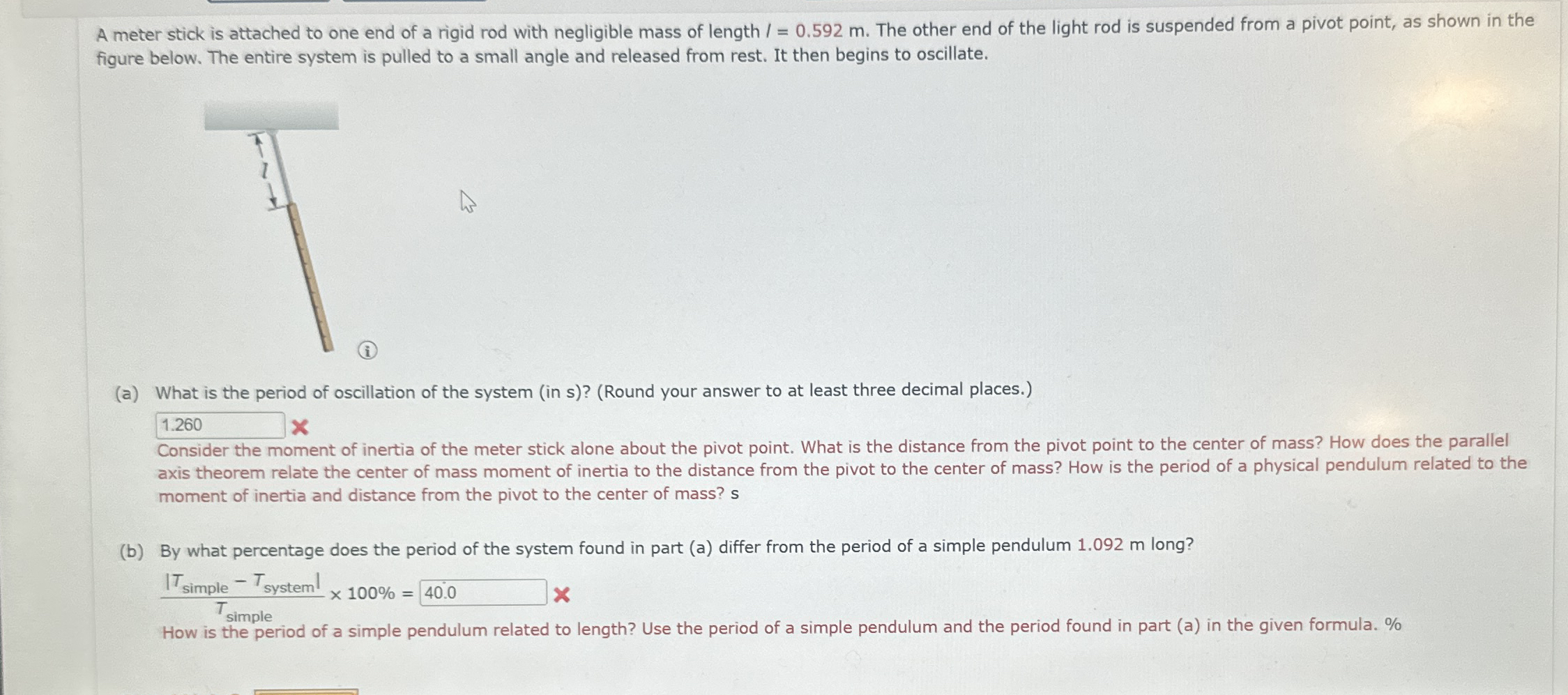 A meter stick is attached to one end of a rigid