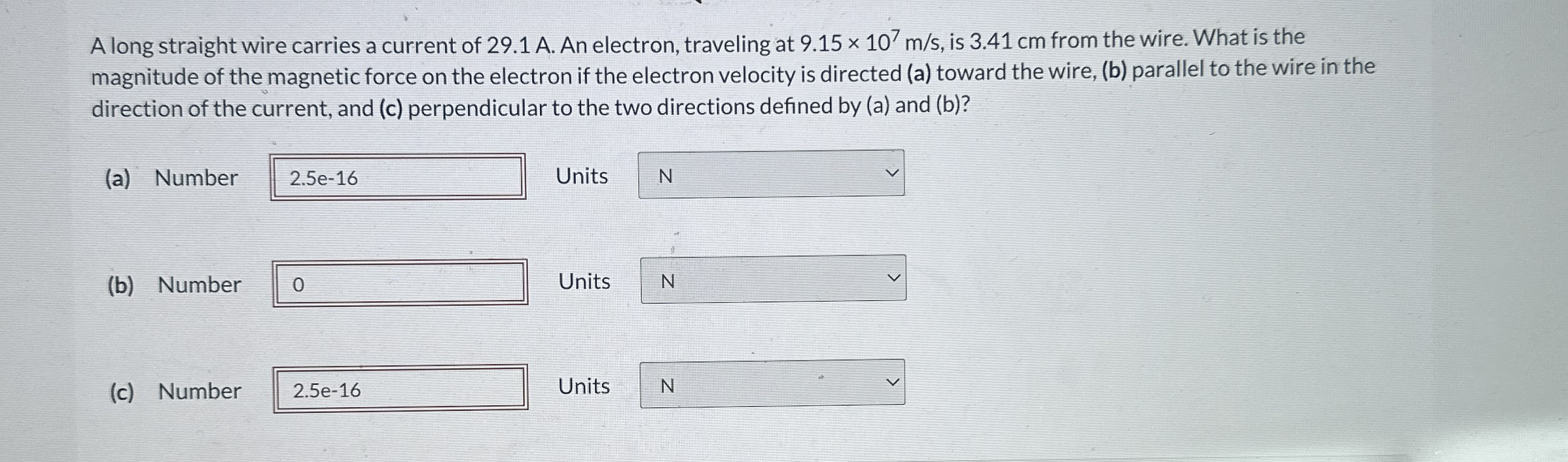 A long straight wire carries a current of 2 9 . 1