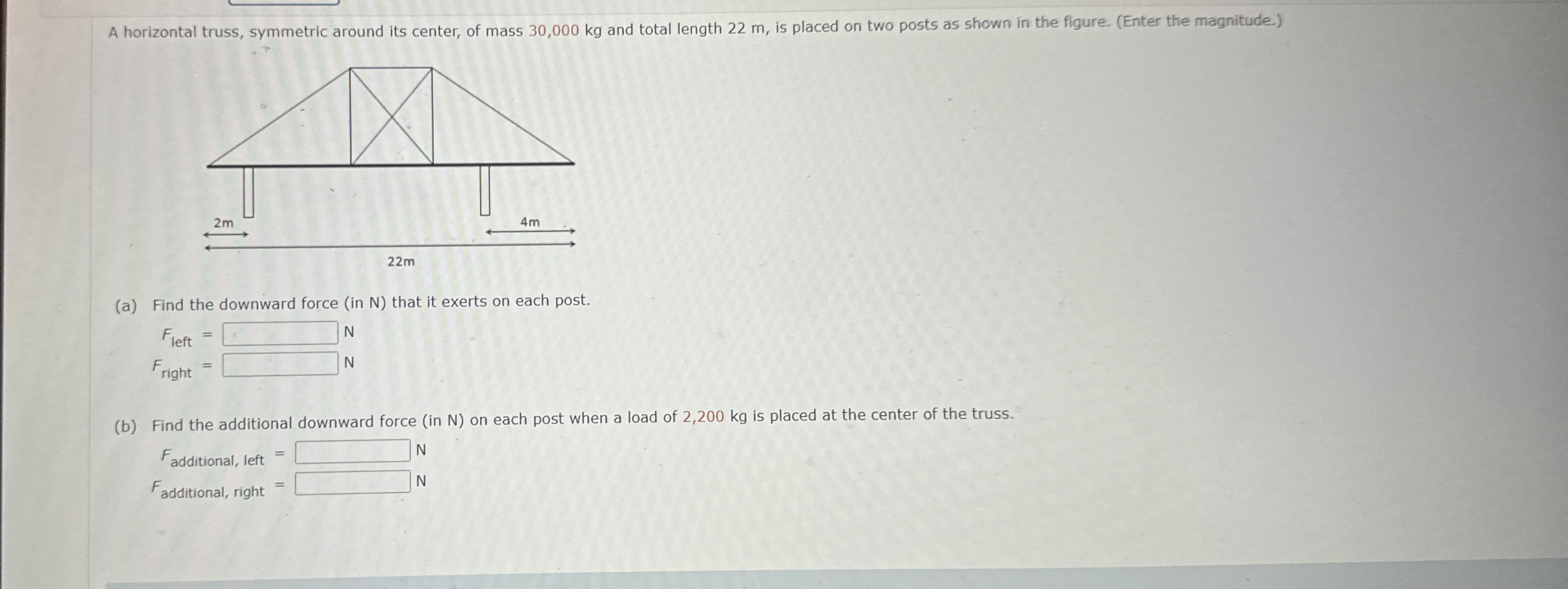 A horizontal truss, symmetric around its center,
