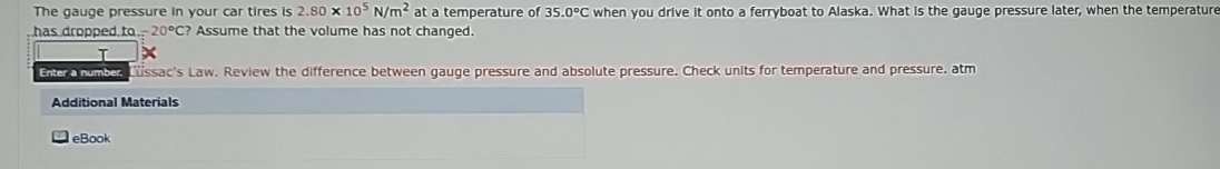 The gauge pressure in your car tires is 2 . 8 0 1