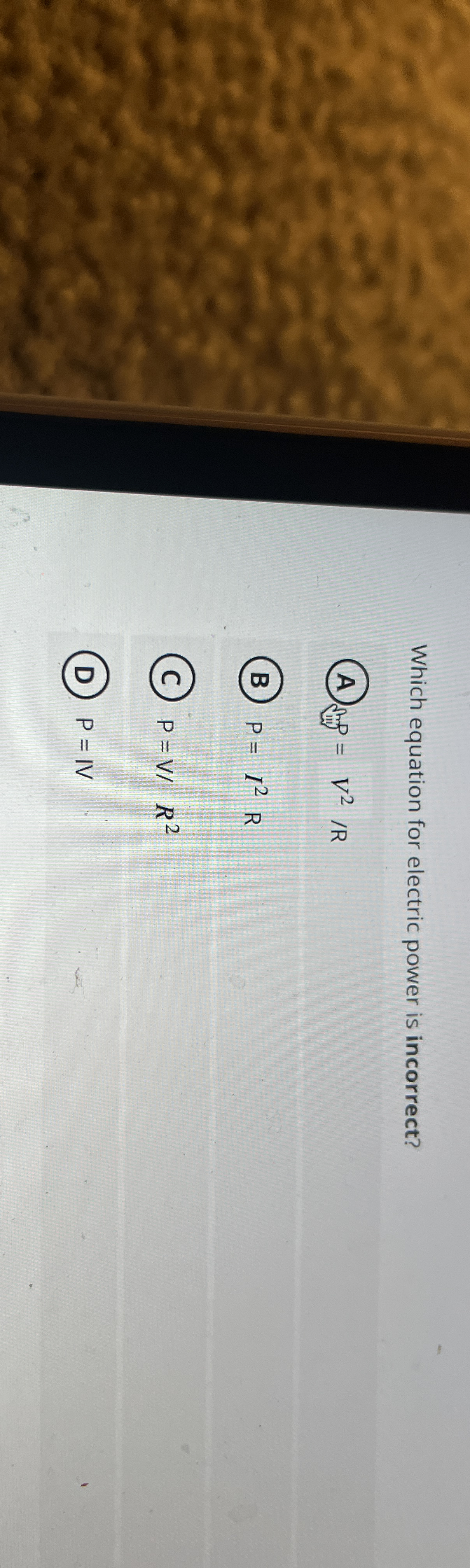 Which equation for electric power is incorrect? (