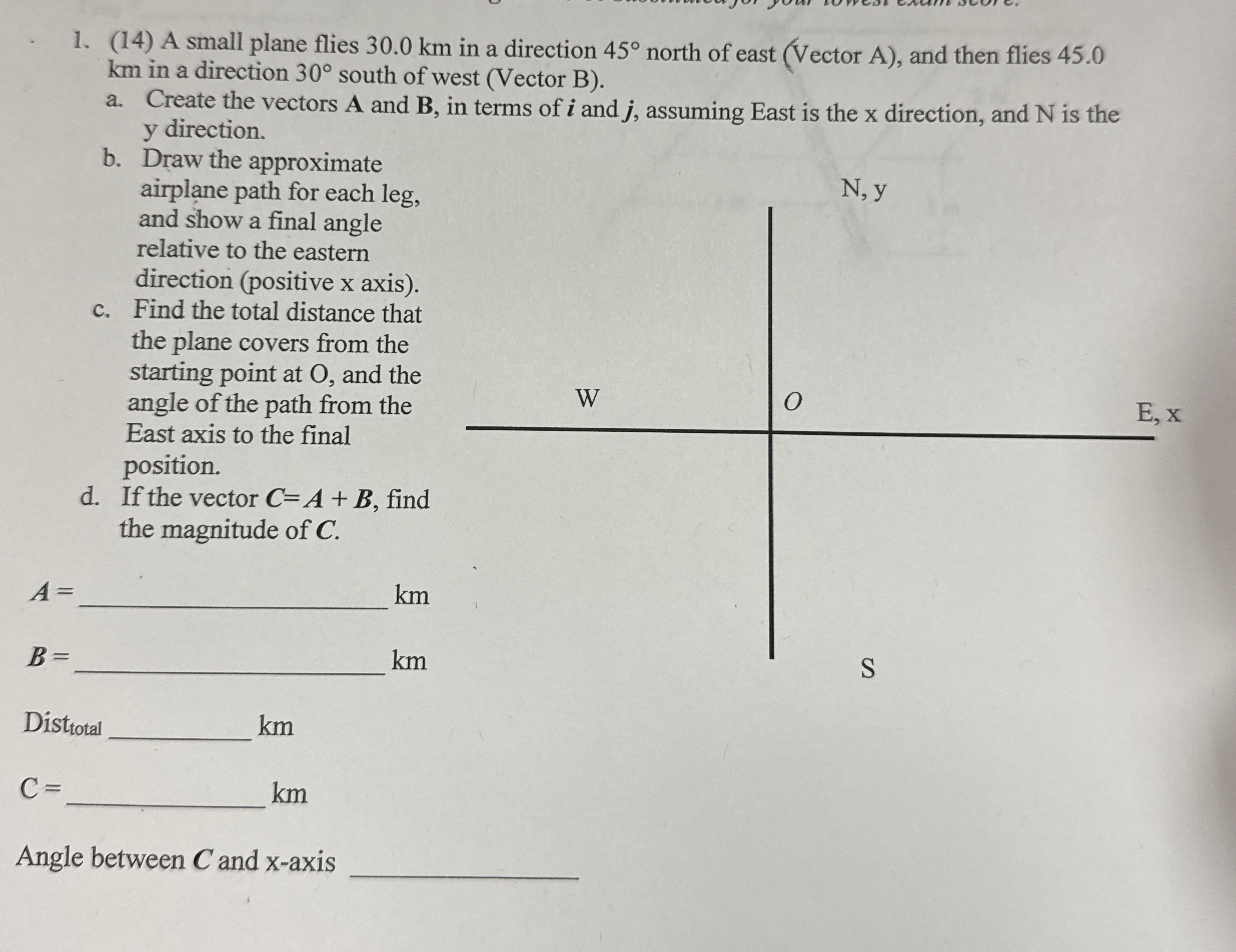 ( 1 4 ) A small plane flies 3 0 . 0 km in a