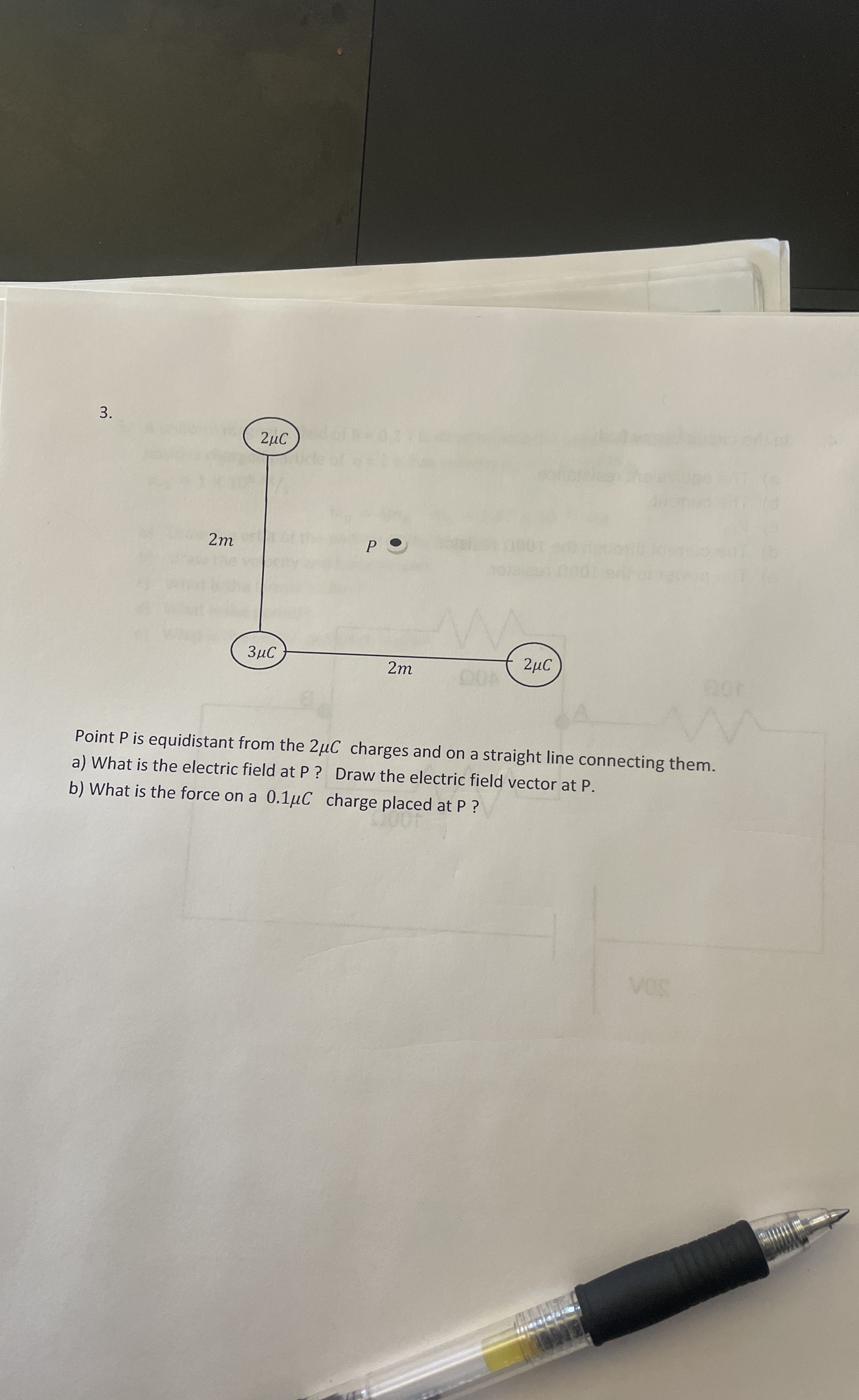 Point P is equidistant from the 2 C charges and