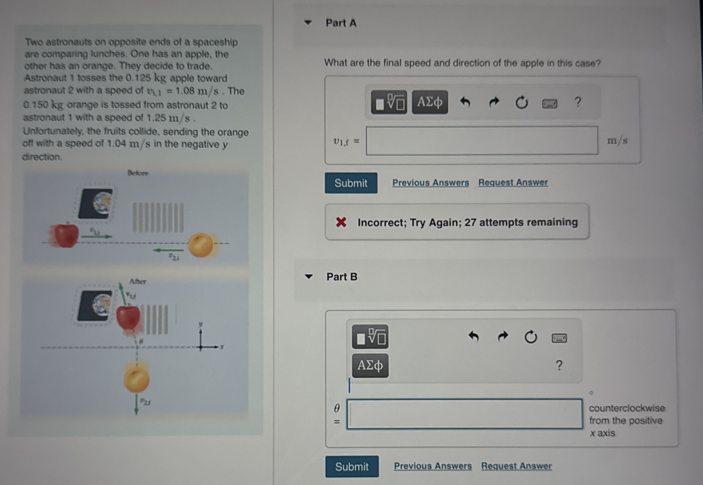 Two astronauts on opposite ends of a spaceship