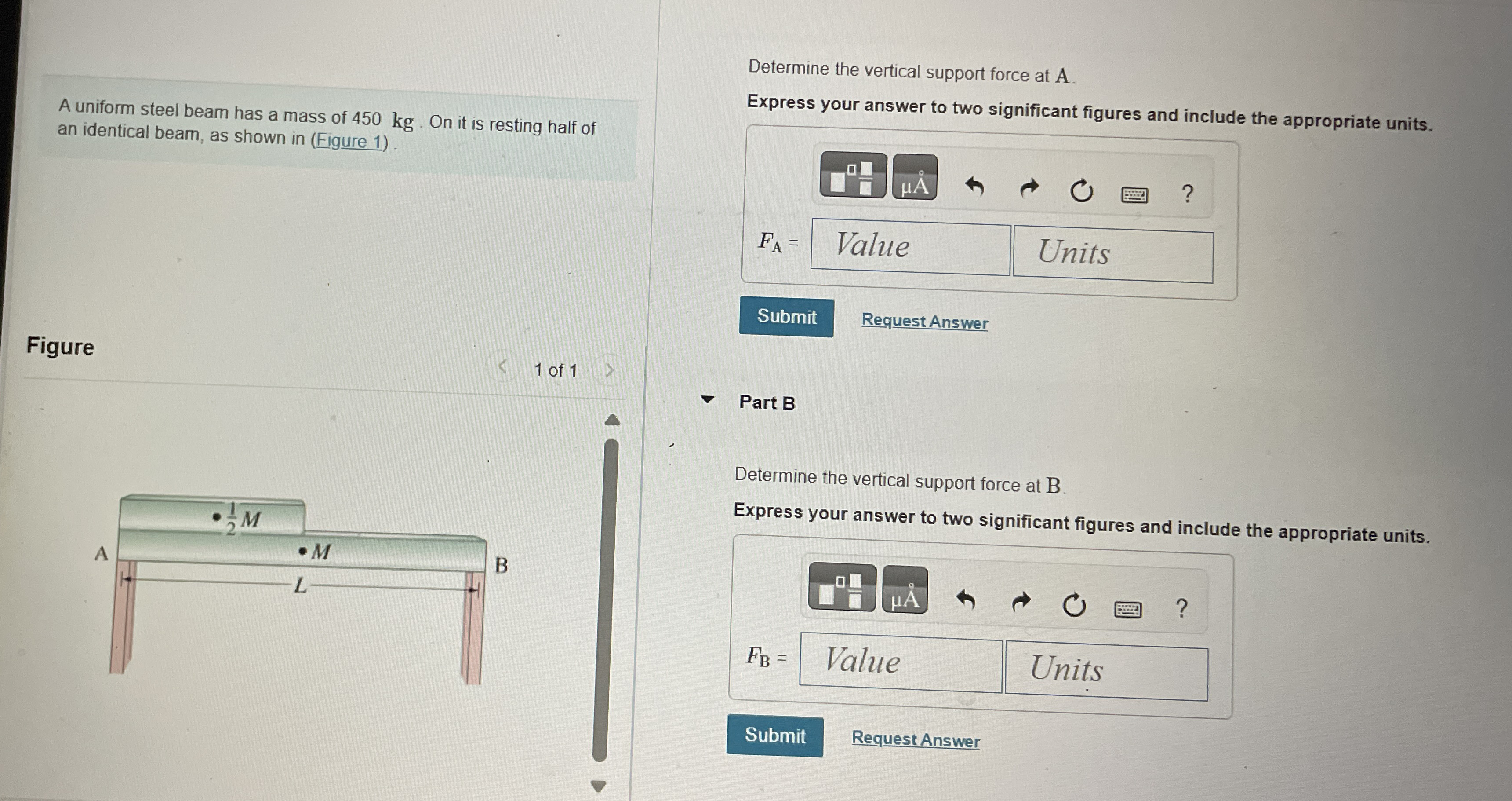 A uniform steel beam has a mass of 4 5 0 kg . On