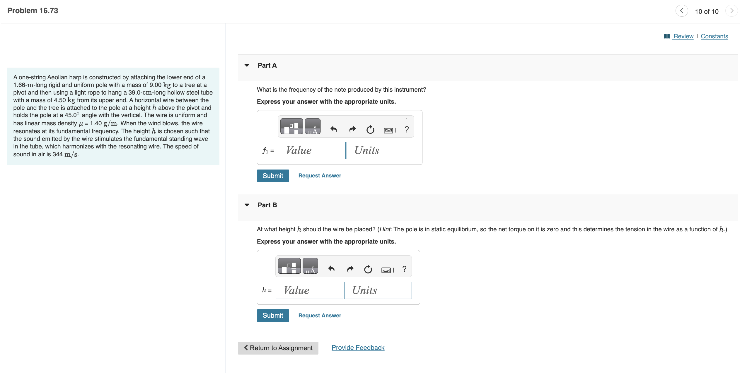 A one - string Aeolian harp is constructed by