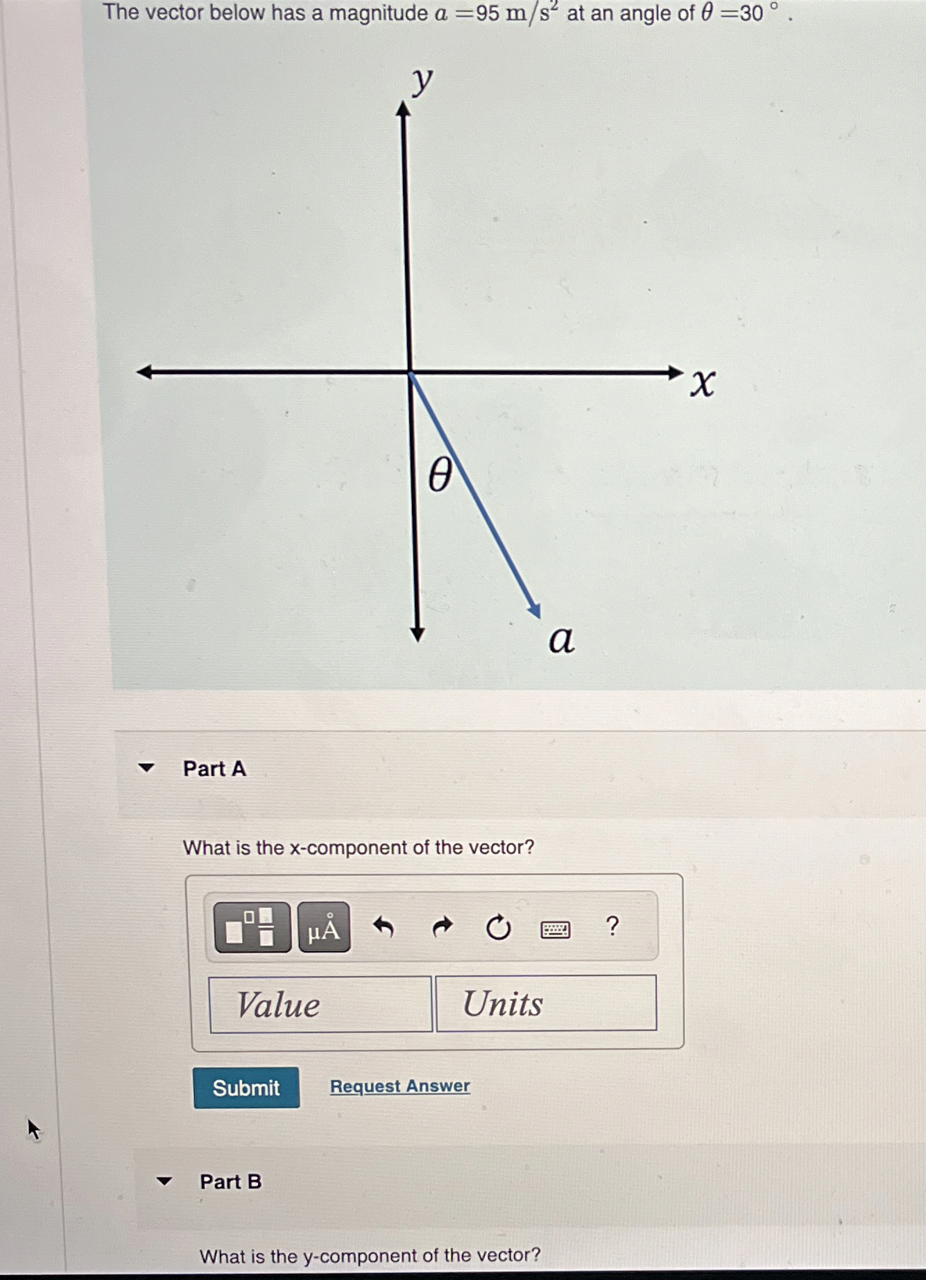 The vector below has a magnitude a = 9 5 m s 2 at