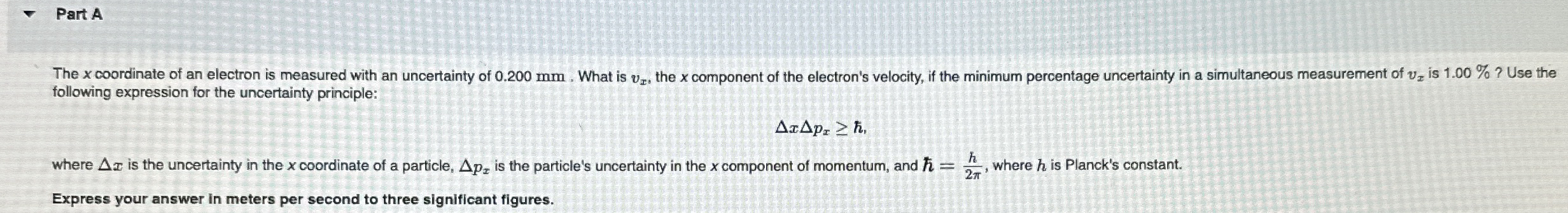 Part A The x coordinate of an electron is