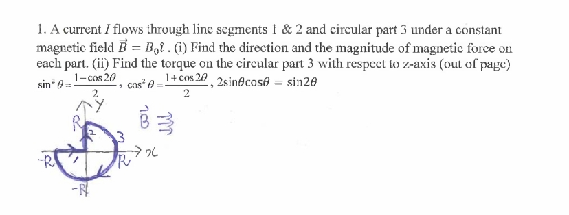 A current I flows through line segments 1 & 2 and