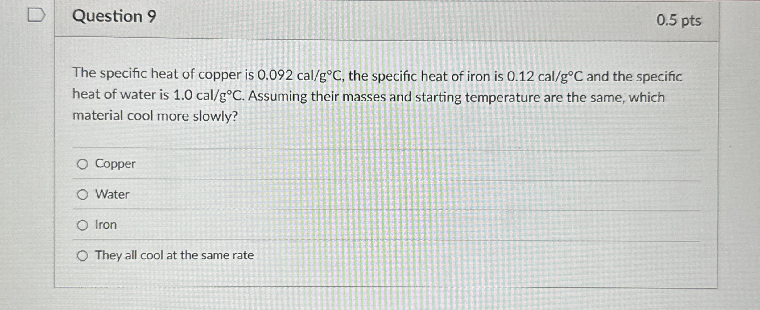 Question 9 0 . 5 pts The specific heat of copper