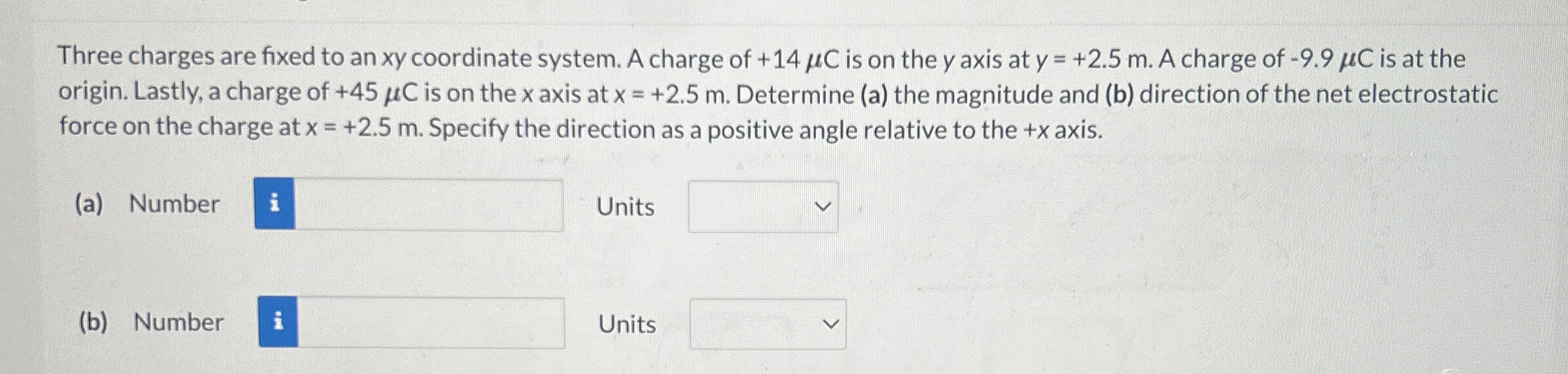 Three charges are fixed to an x y coordinate
