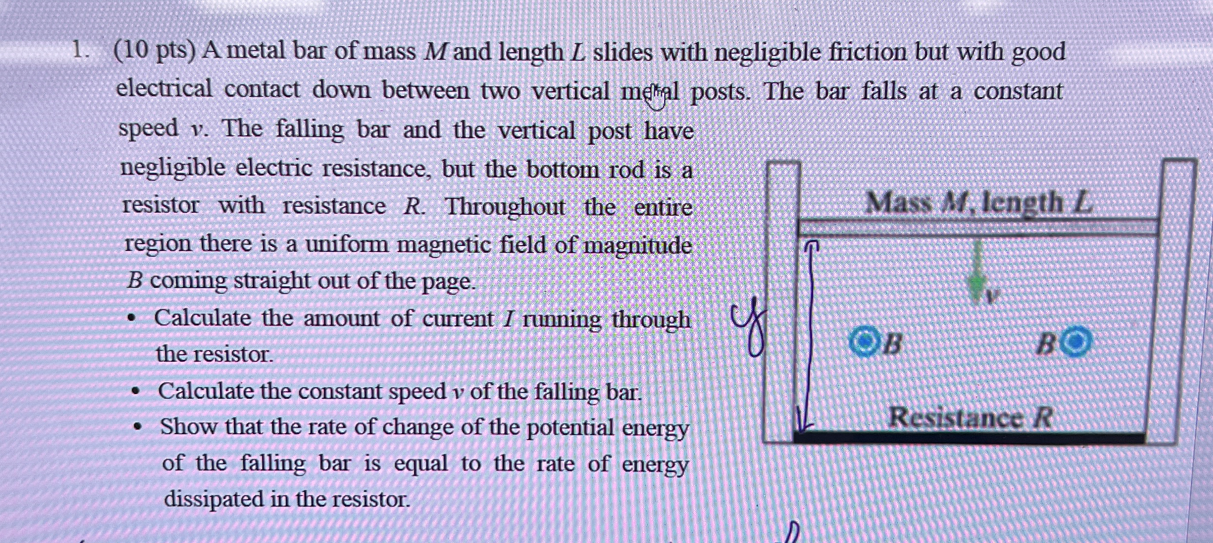 ( 1 0 pts ) A metal bar of mass M and length L