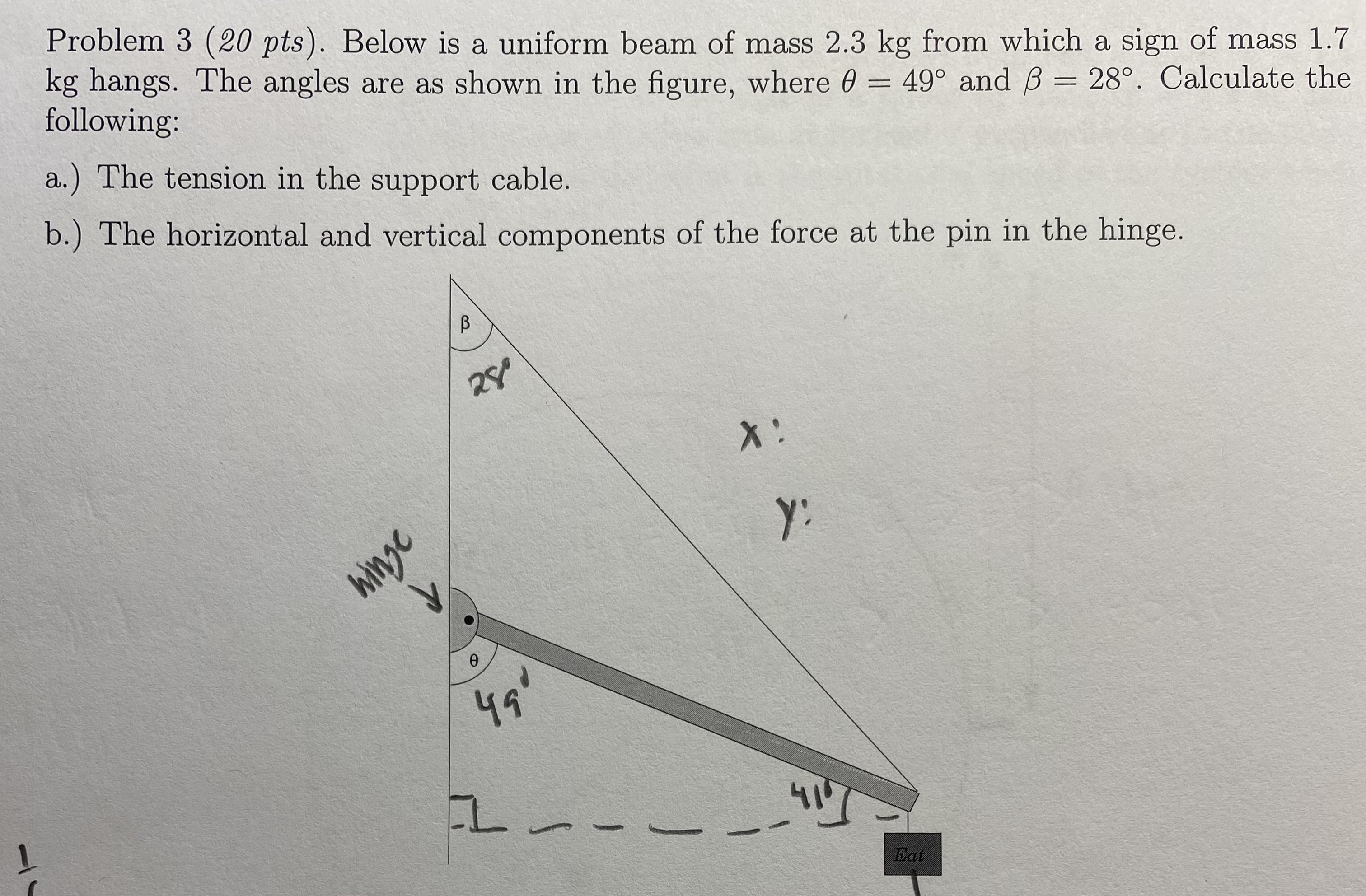 Problem 3 ( 2 0 pts ) . Below is a uniform beam