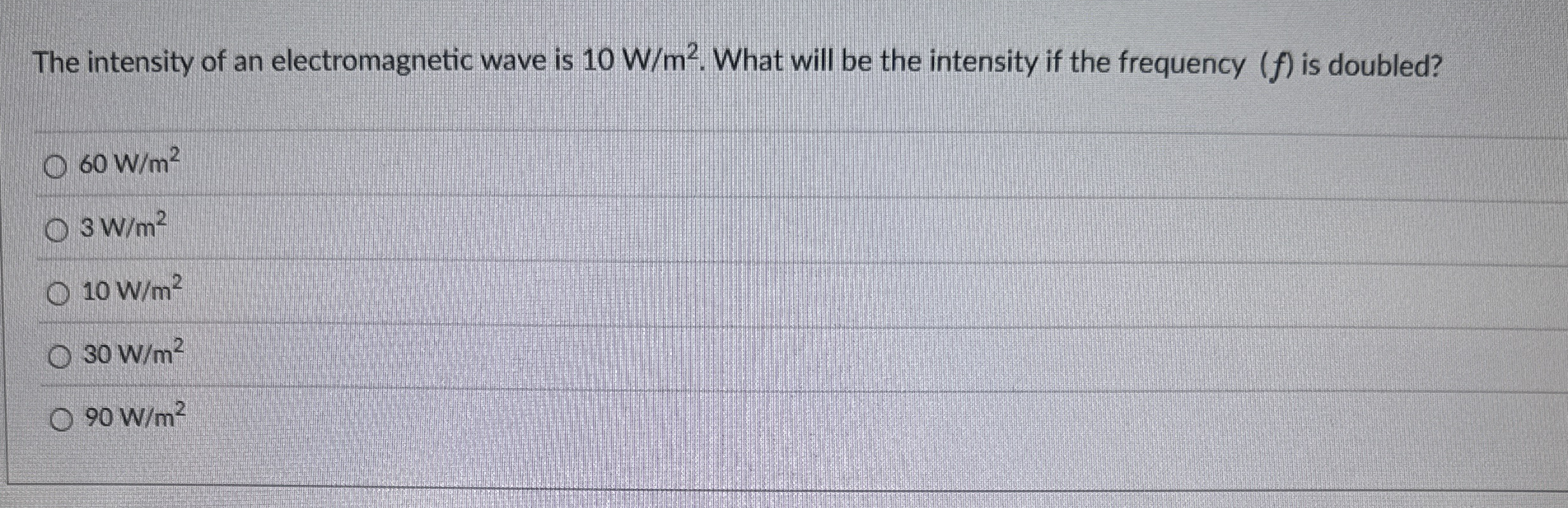 The intensity of an electromagnetic wave is 1 0 W