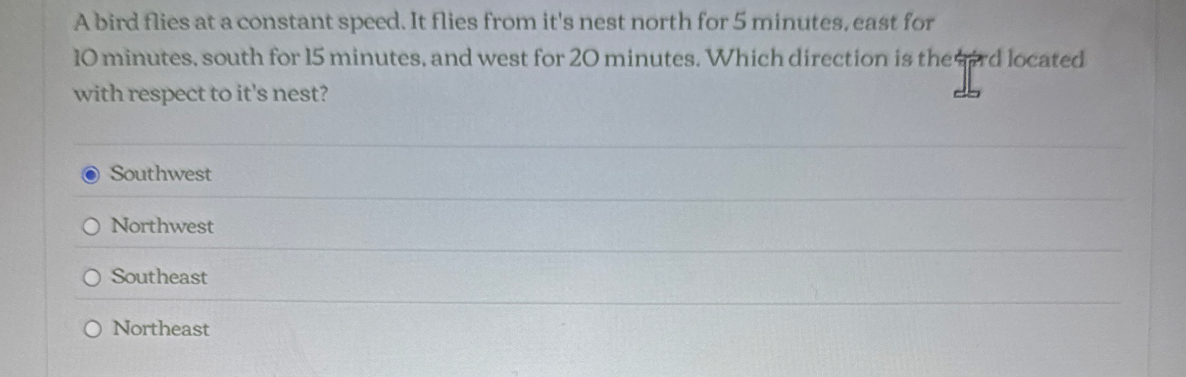 A bird flies at a constant speed. It flies from