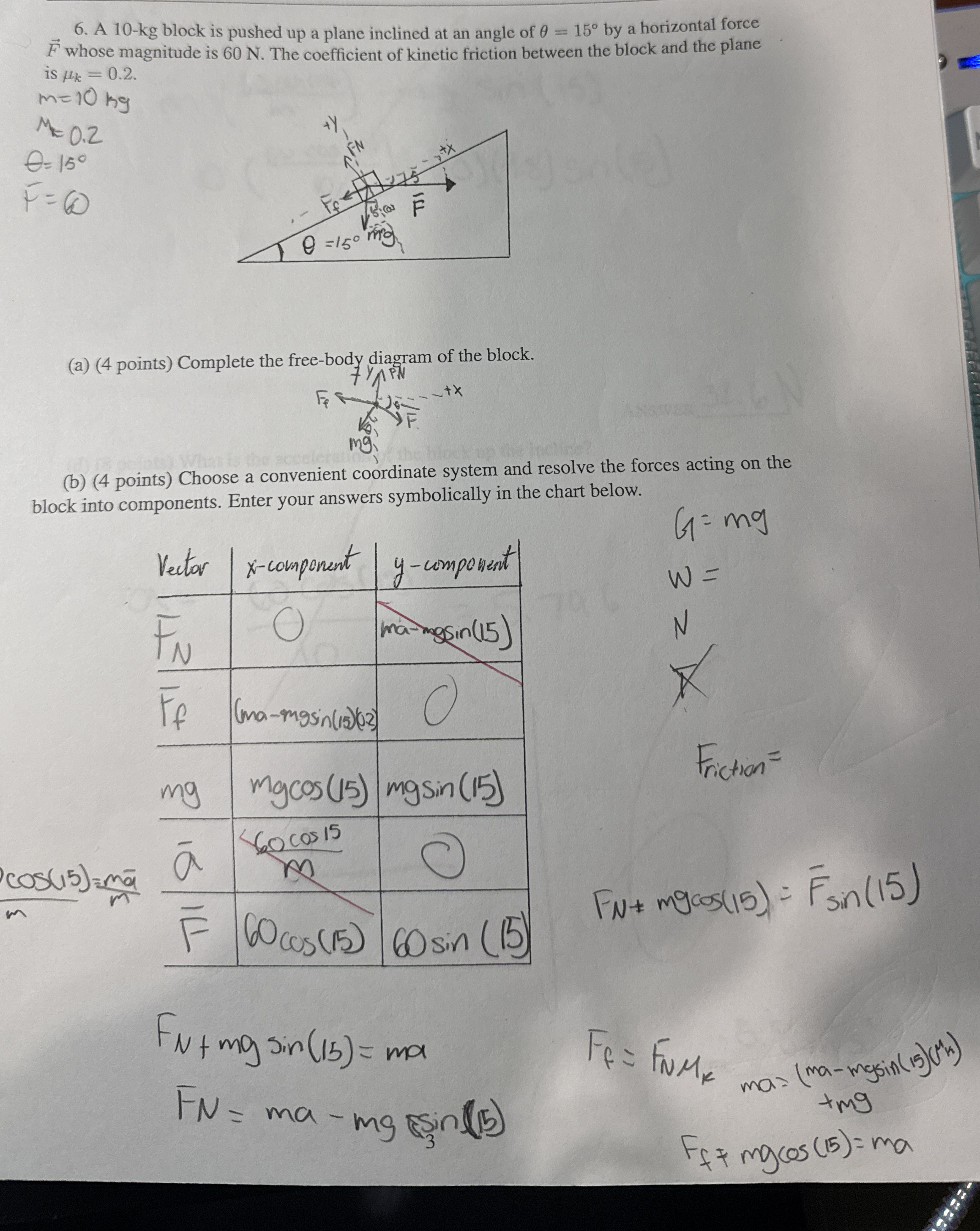 A 1 0 - k g block is pushed up a plane inclined