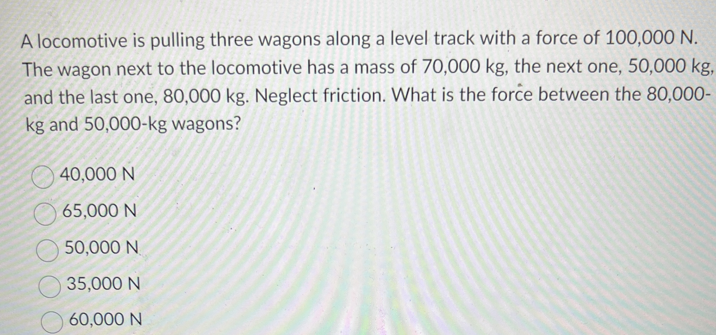 A locomotive is pulling three wagons along a