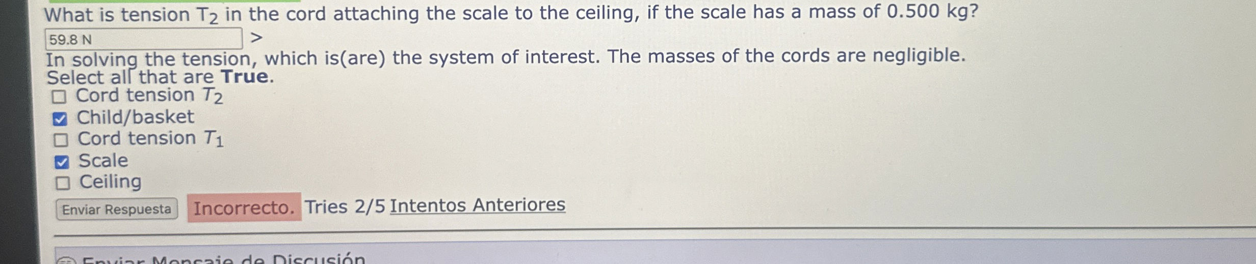 What is tension T 2 in the cord attaching the