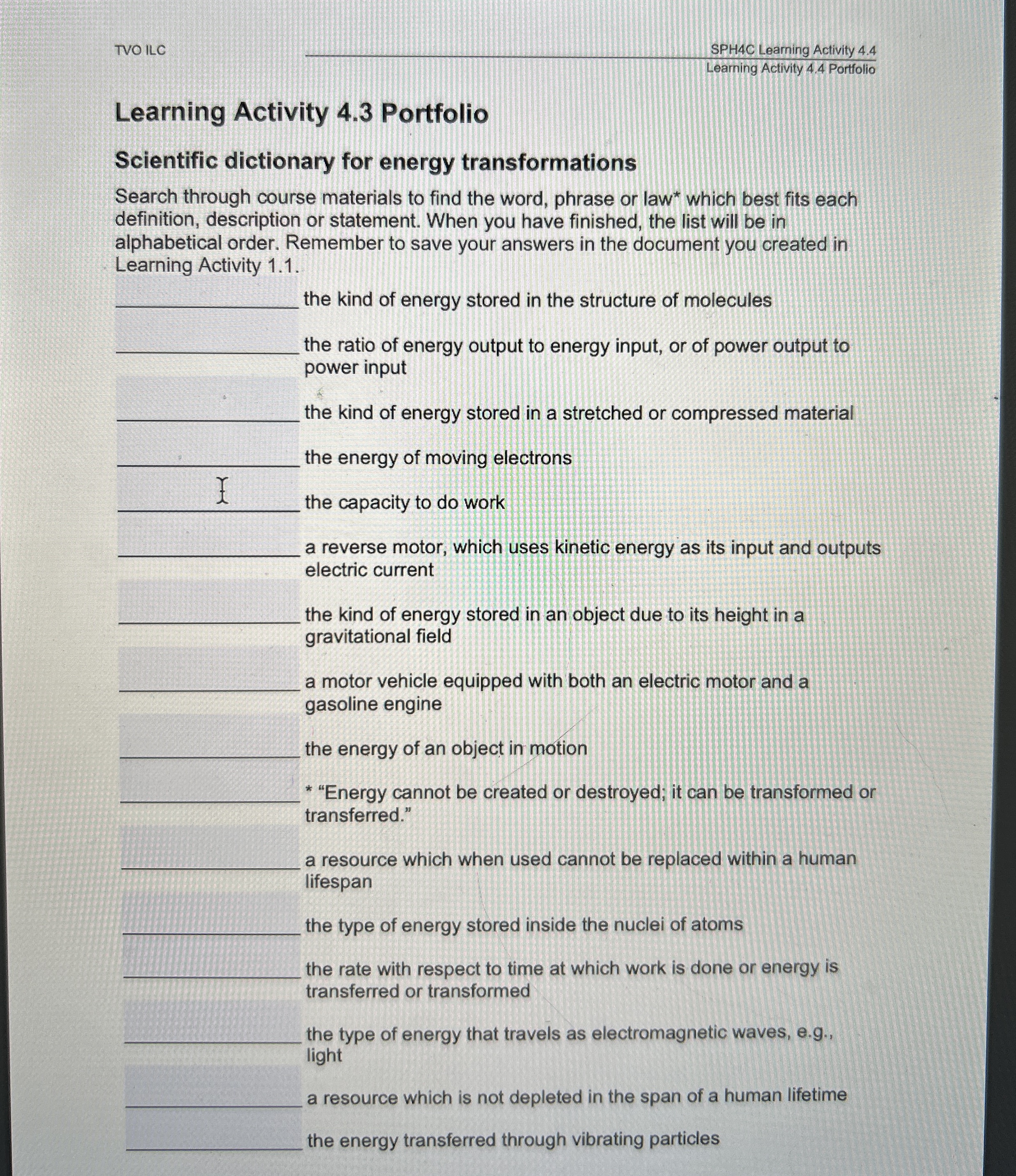 TVOILC SPH 4 C Learning Activity 4 . 4 Learning