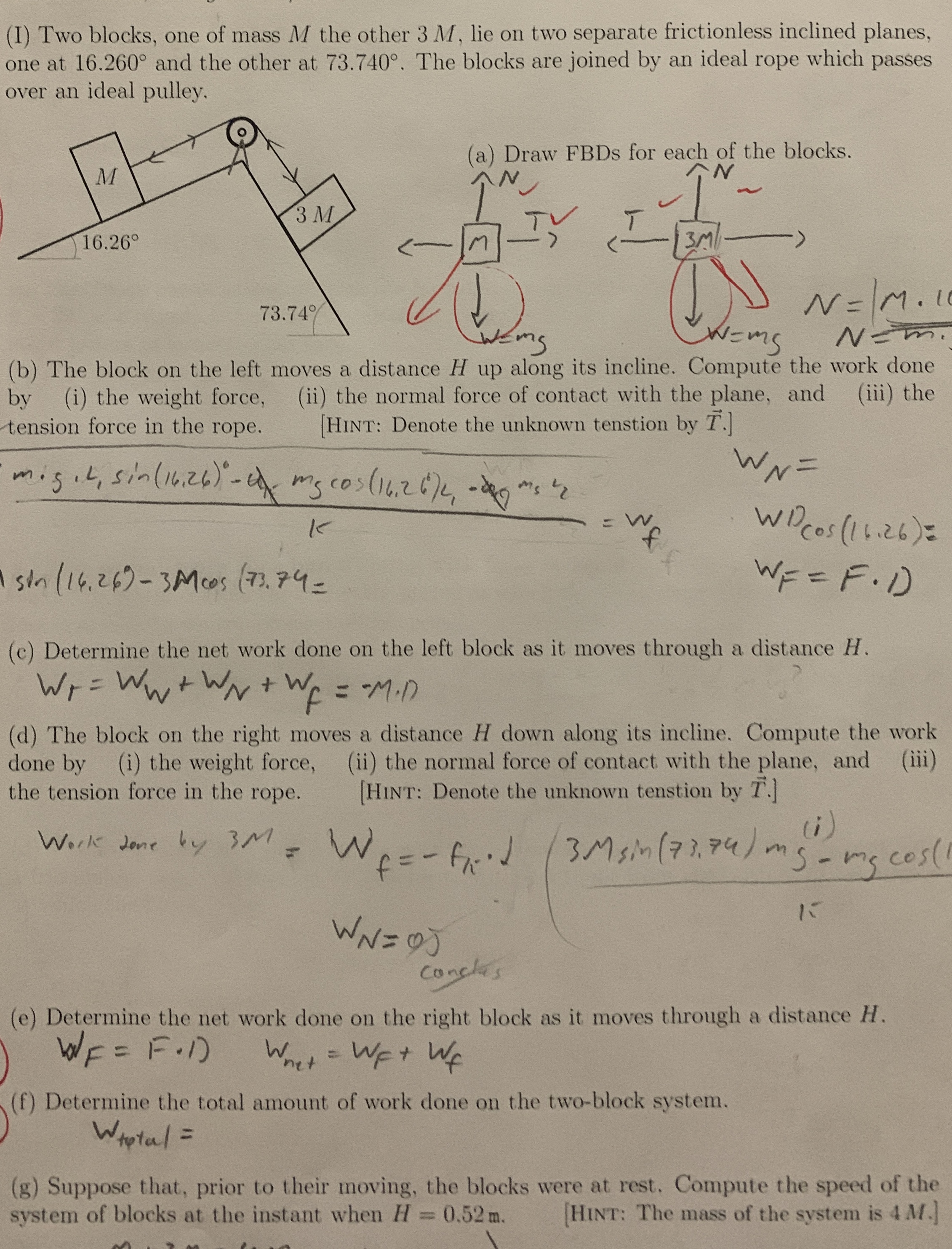 ( I ) Two blocks, one of mass M the other 3 M ,