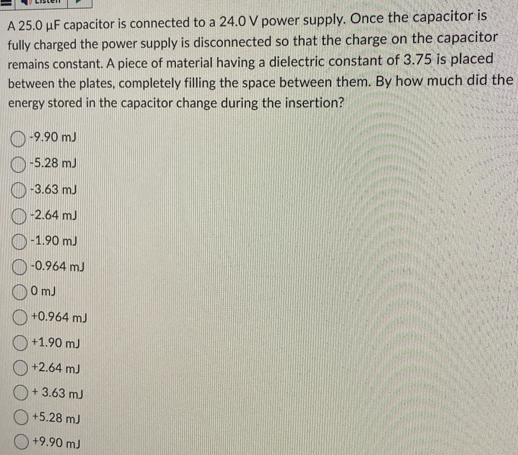 A 2 5 . 0 F capacitor is connected to a 2 4 . 0 V