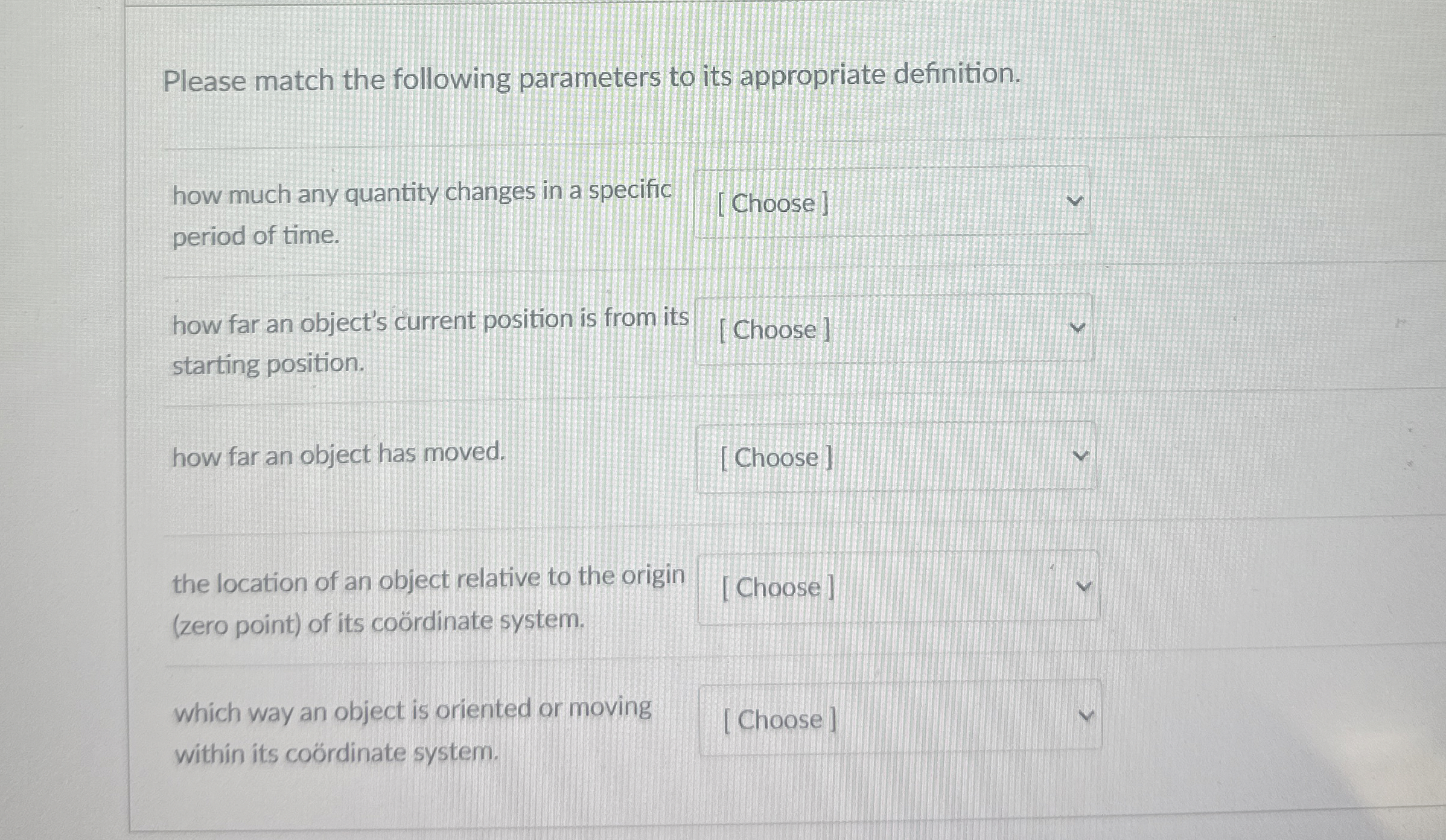 Please match the following parameters to its