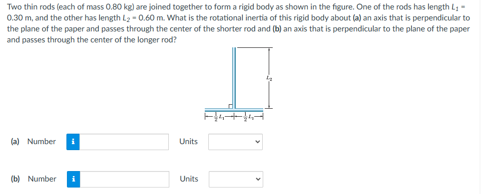 Two thin rods ( each of mass 0 . 8 0 kg ) are