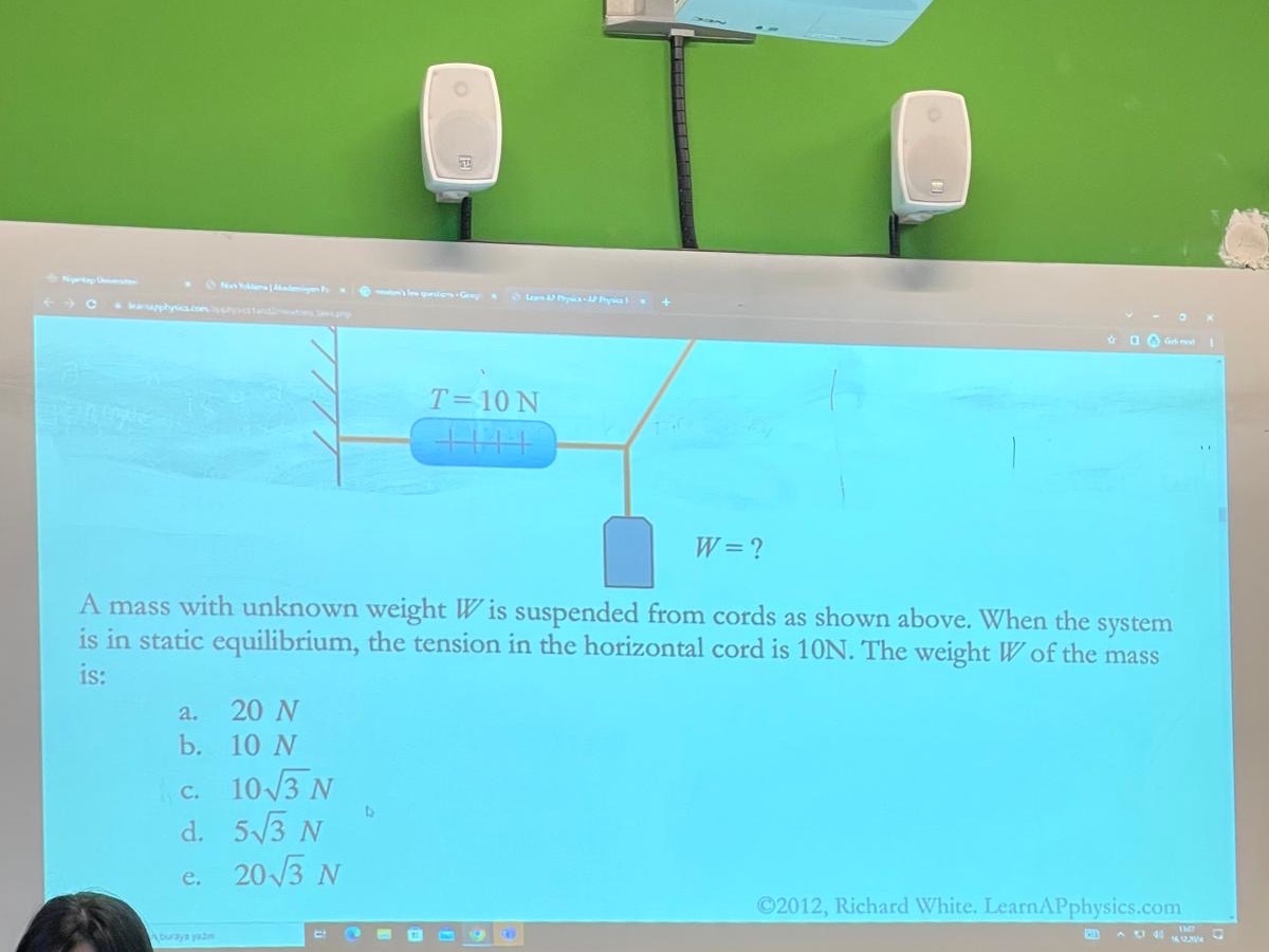 A mass with unknown weight W is suspended from