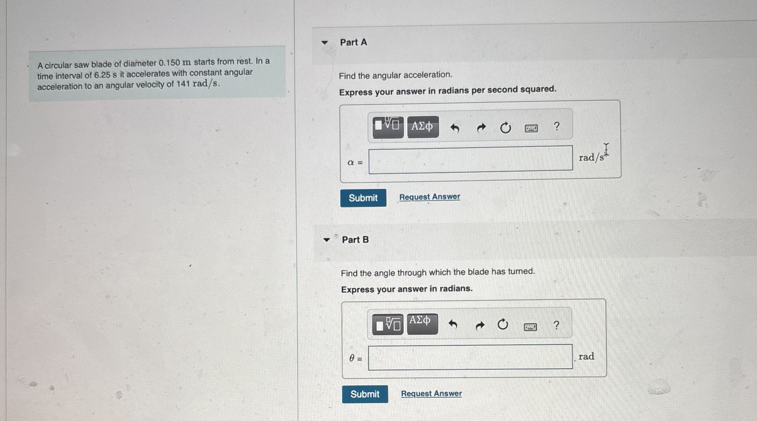A circular saw blade of diameter 0 . 1 5 0 m