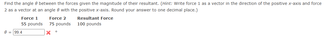 Find the angle \ ( \ theta \ ) between the forces