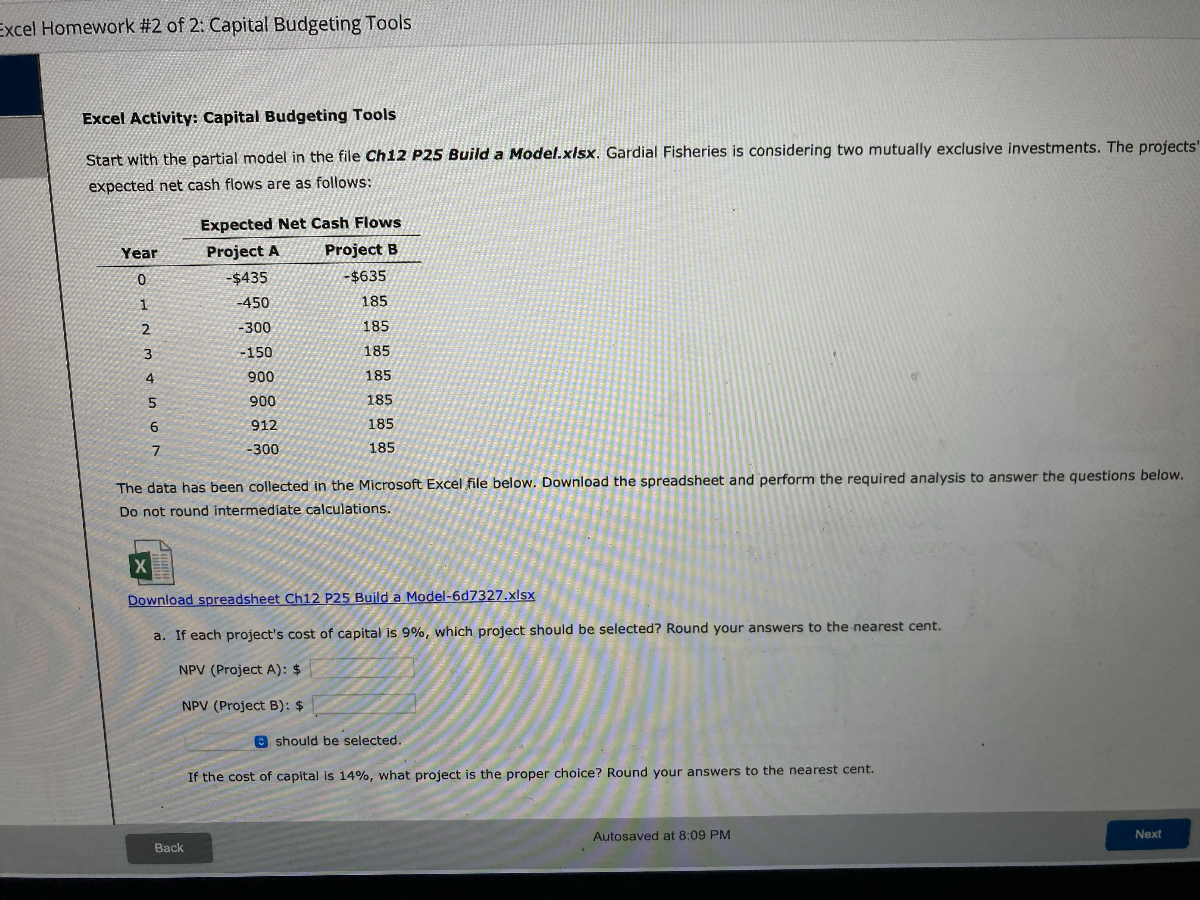 Excel Activity: Capital Budgeting Tools Start