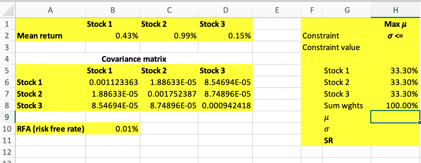 A B C D E F G H 1 Stock 1 Stock 2 Stock 3 Max / 2