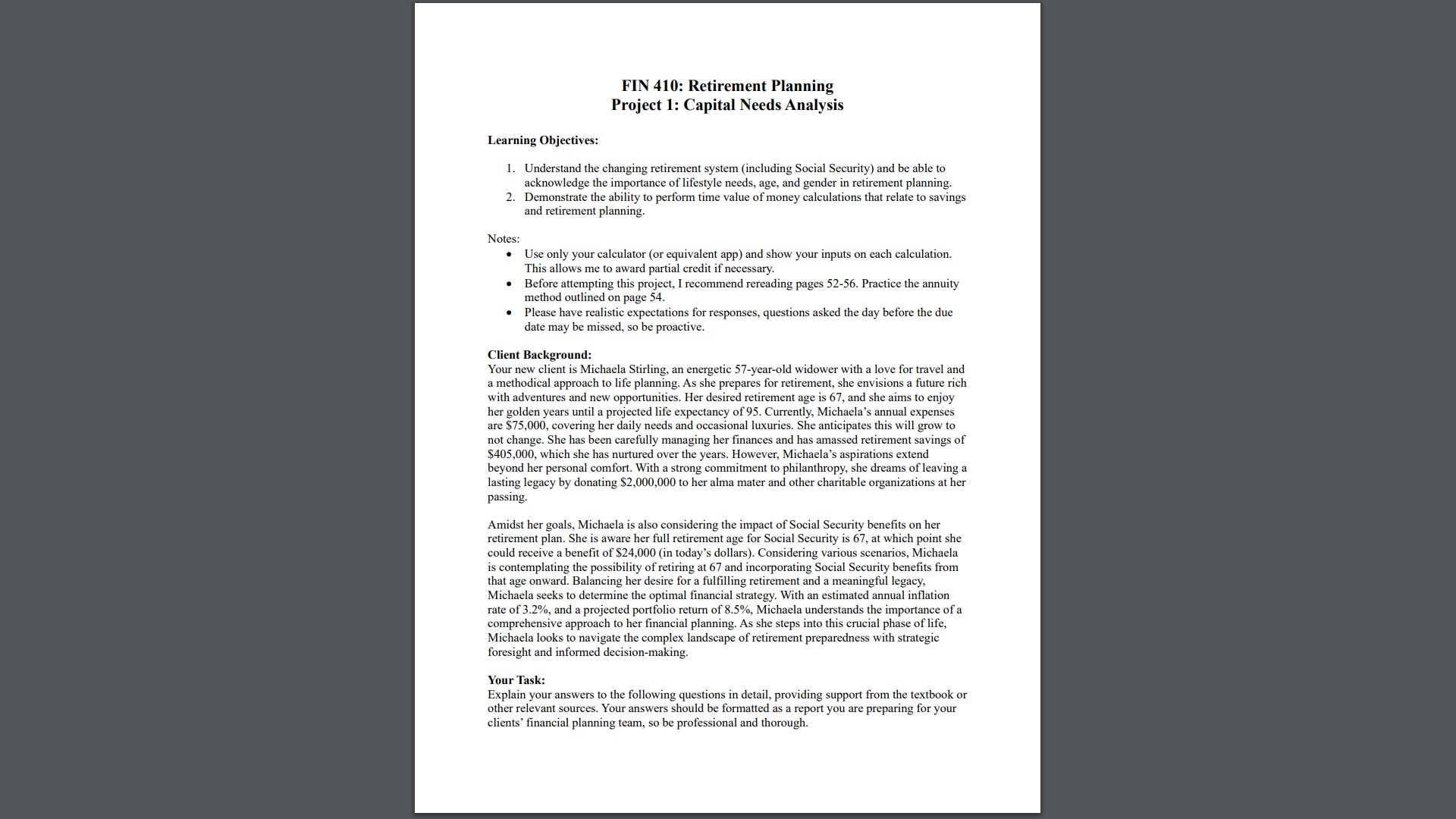 FIN 410: Retirement Planning Project 1: Capital