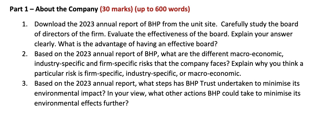 Part 1 - About the Company (30 marks) (up to 600