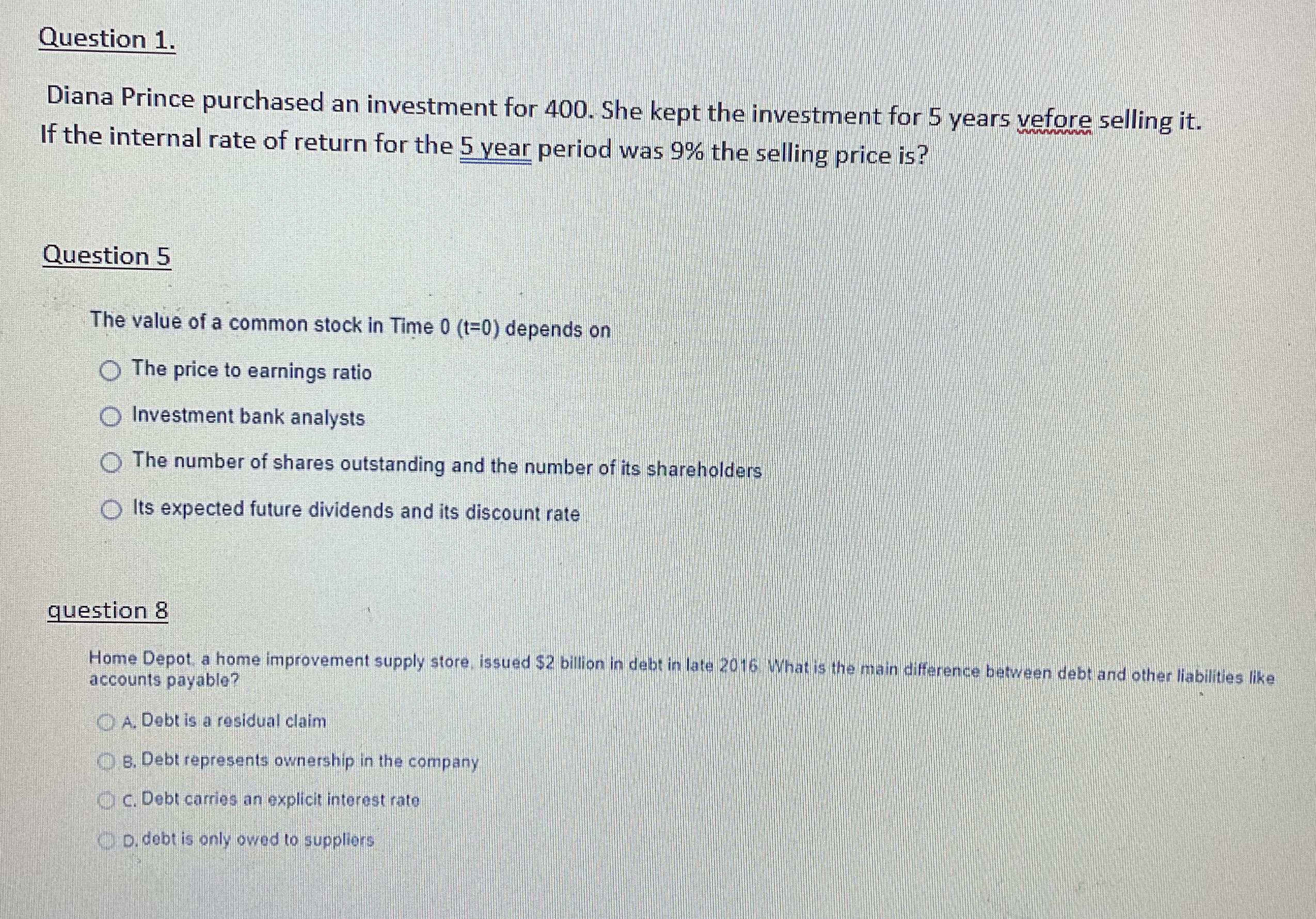 Question 1. Diana Prince purchased an investment