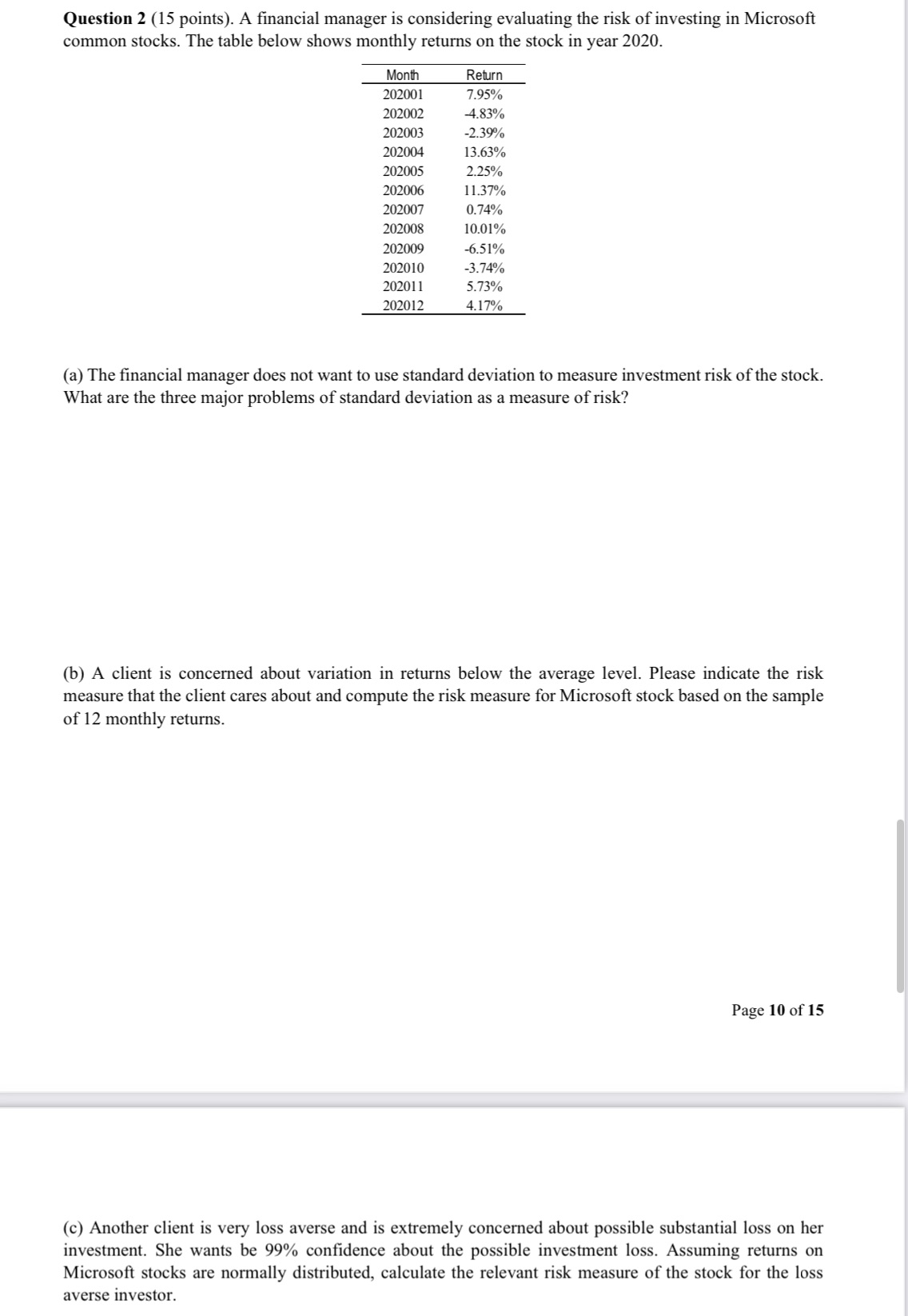Question 2 [15 points). A nancial manager is
