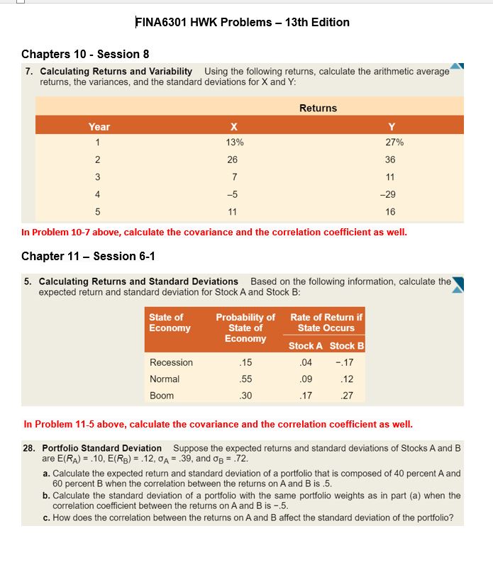 FINA6301 HWK Problems 13th Edition Chapters 10 -
