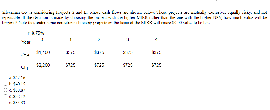 Silverman Co. is considering Projects S and L,