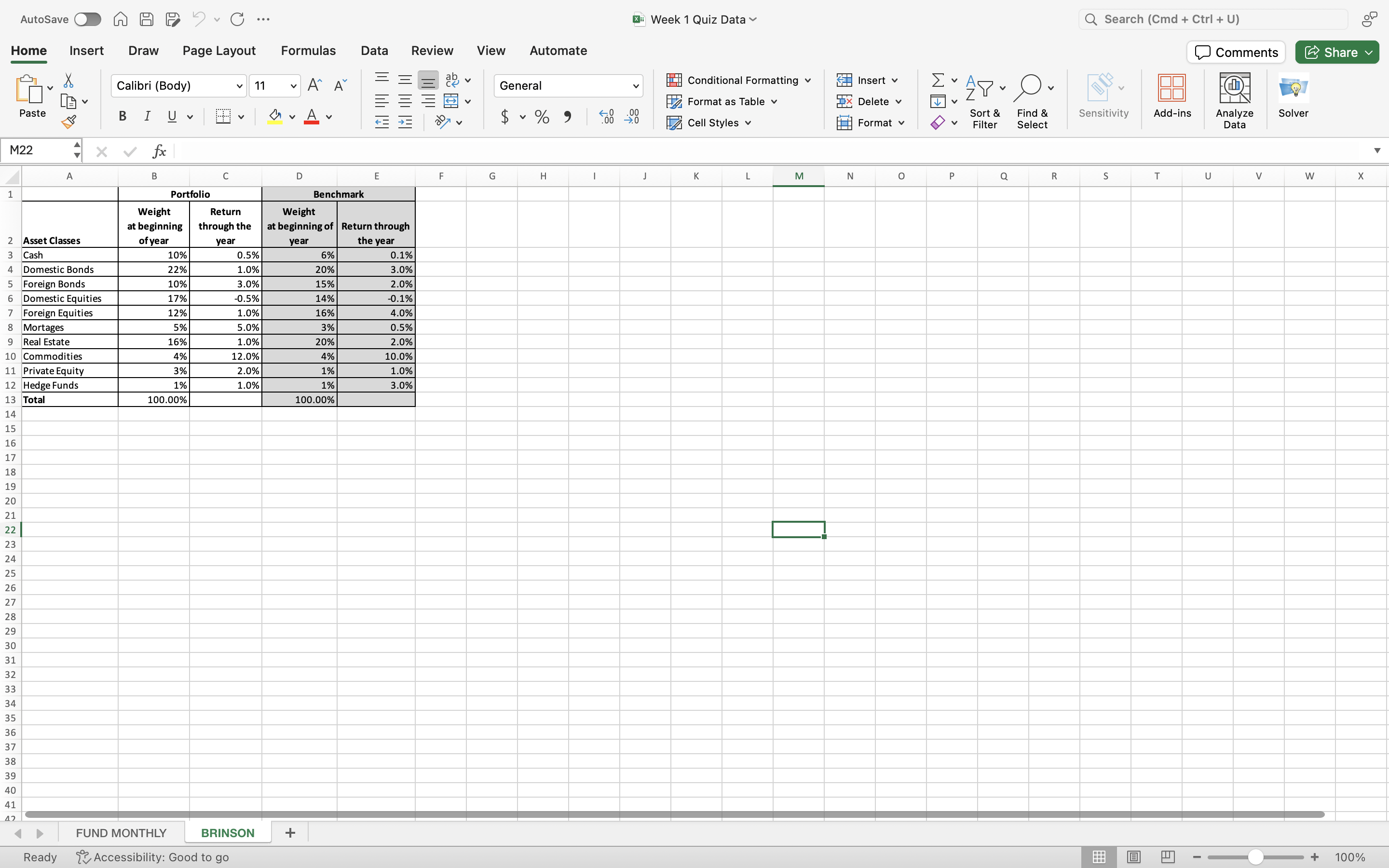 Consider the "BRINSON" sheet. The ALLOCATION
