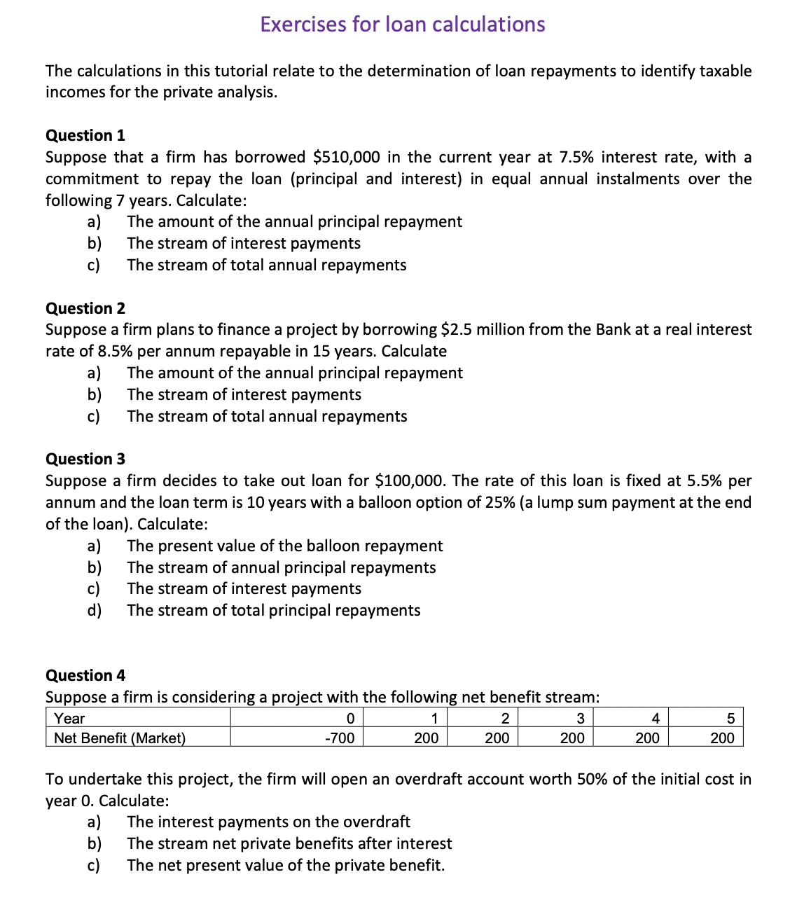 Exercises for loan calculations The calculations