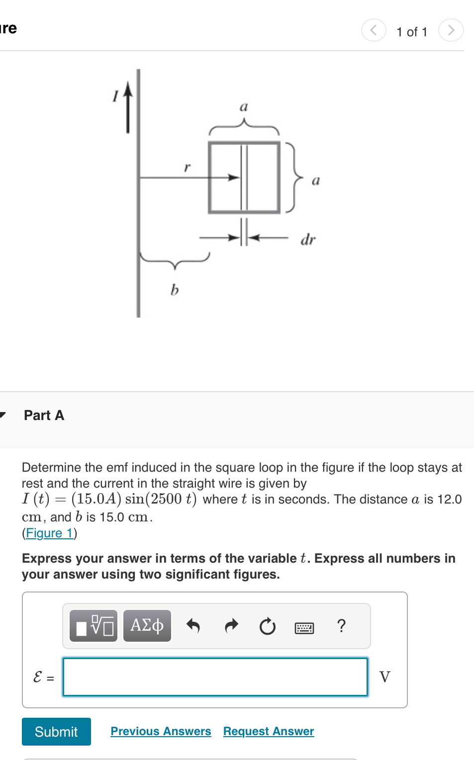 re 1 of 1 Part A Determine the emf induced in the
