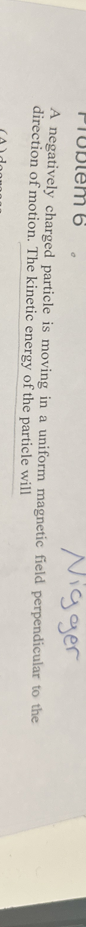 A negatively charged particle is moving in a