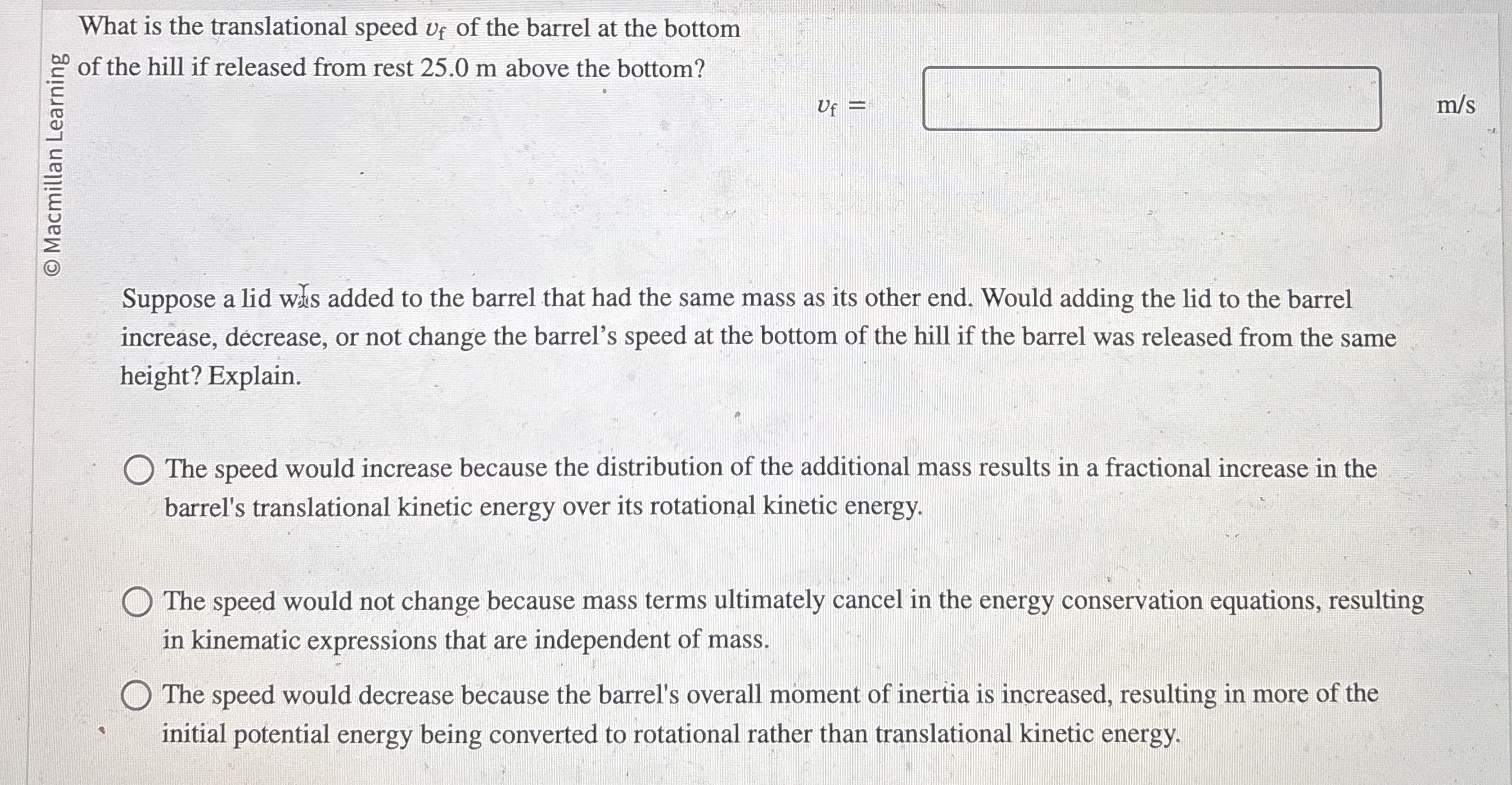 What is the translational speed v f of the barrel
