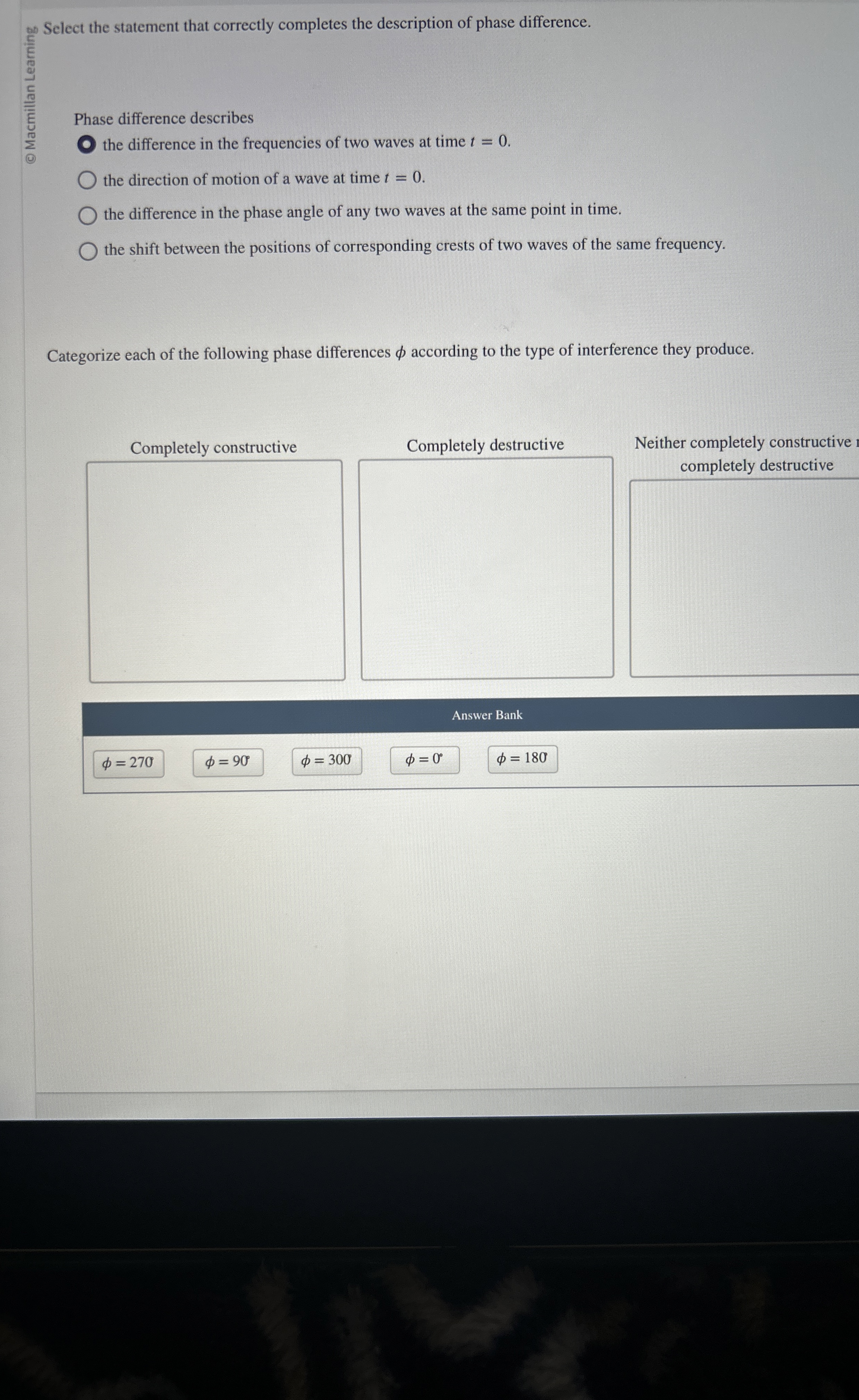Phase difference describes the difference in the