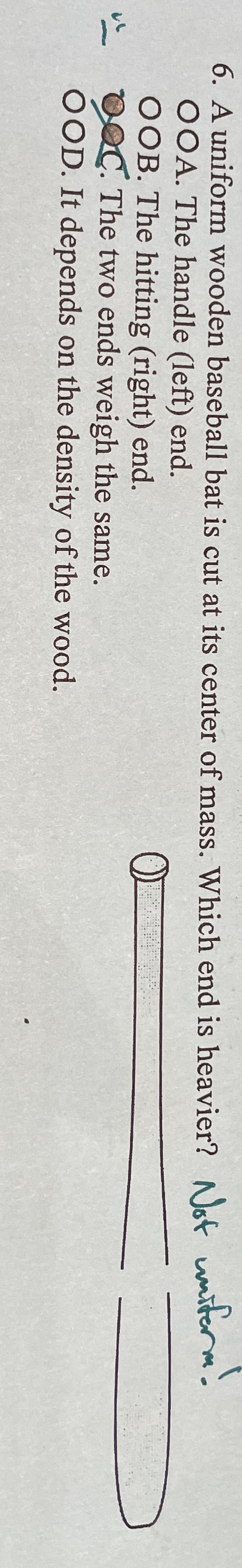 A uniform wooden baseball bat is cut at its